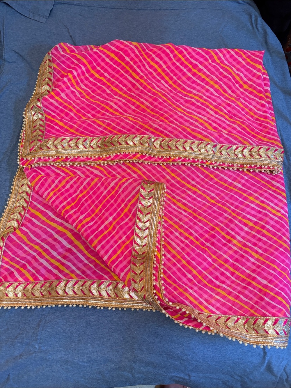 Vibrant Pink & Gold Striped Dupatta with Embellished Border